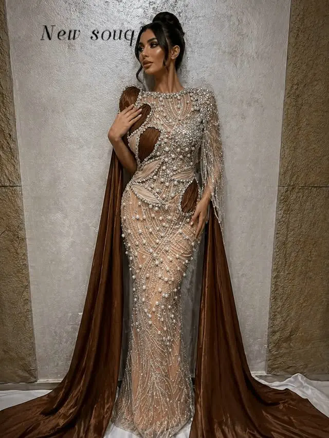 

Arabic Nude Champagne Pearls Beaded Mermaid Evening Dresses with Chocolate Brown Cape Customized Wedding Prom Party Gowns