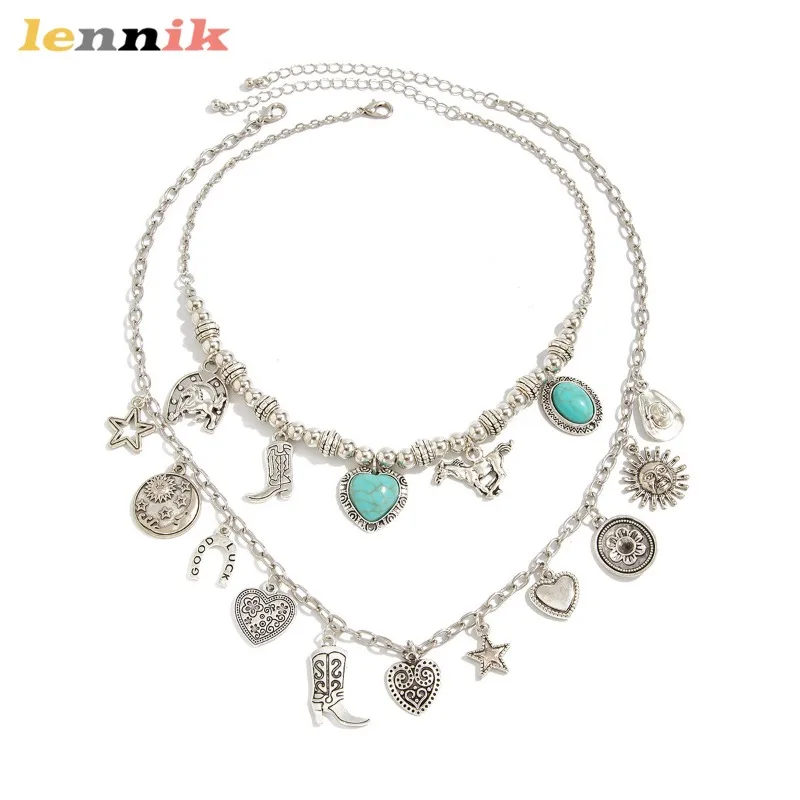 قلادة الفيروز، لوحة الأزهار الأوروبية الرجعية وقلادة رأس الثور، Ins البوهيمي الحب حبة المختنق، وصول عرقية فريدة من نوعها