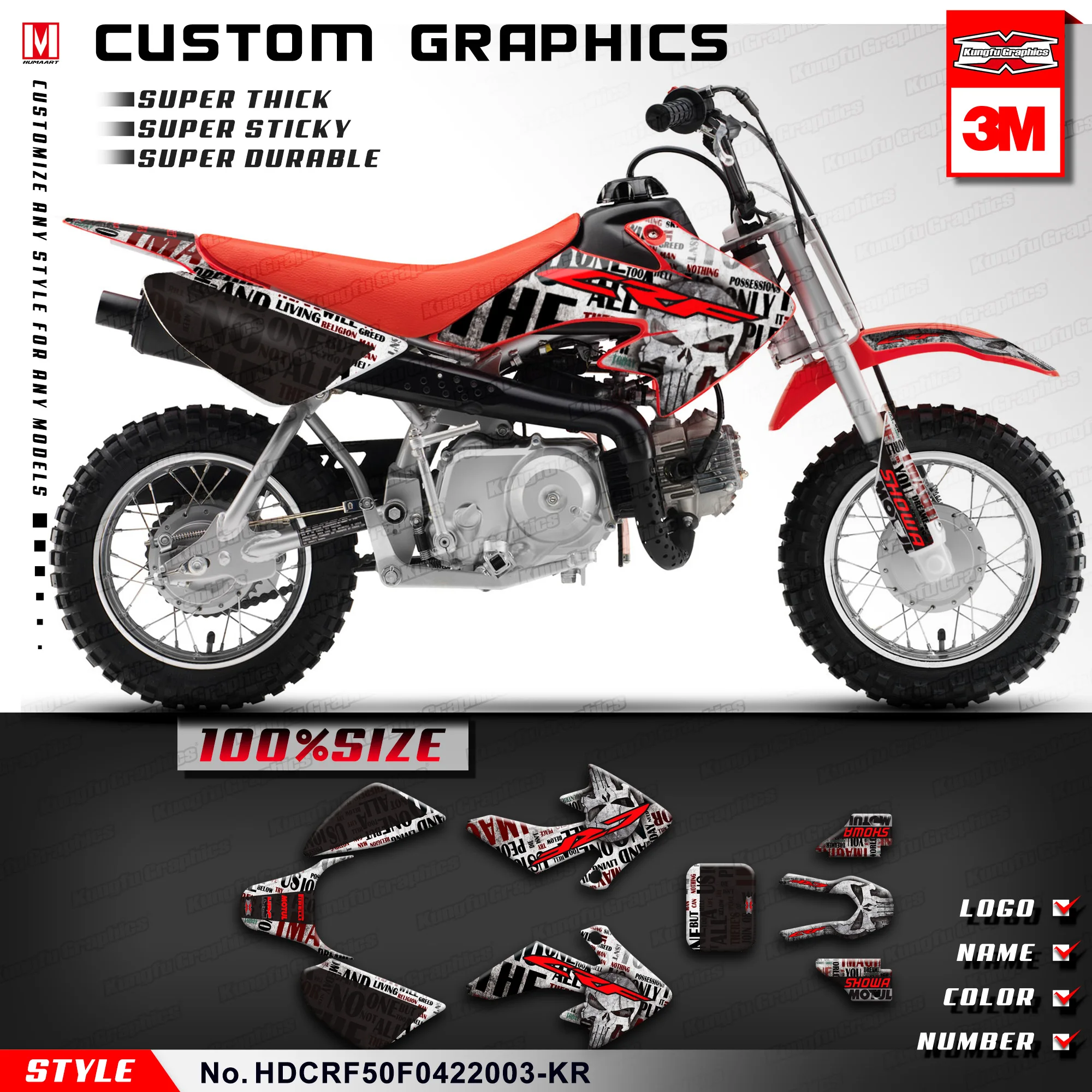 

KUNGFU GRAPHICS Pit Bike CRF50F Decals MX Stickers Kit for Honda CRF 50F 2004-2023 Custom Vinyl Wrap Graffiti Skull Style