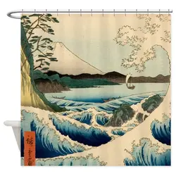 Japanese Ceramic Handicraft Waterproof Polyester Fabric Waterproof Polyester Fabric Bathroom Curtain 180 x 200cm with 12 hooks