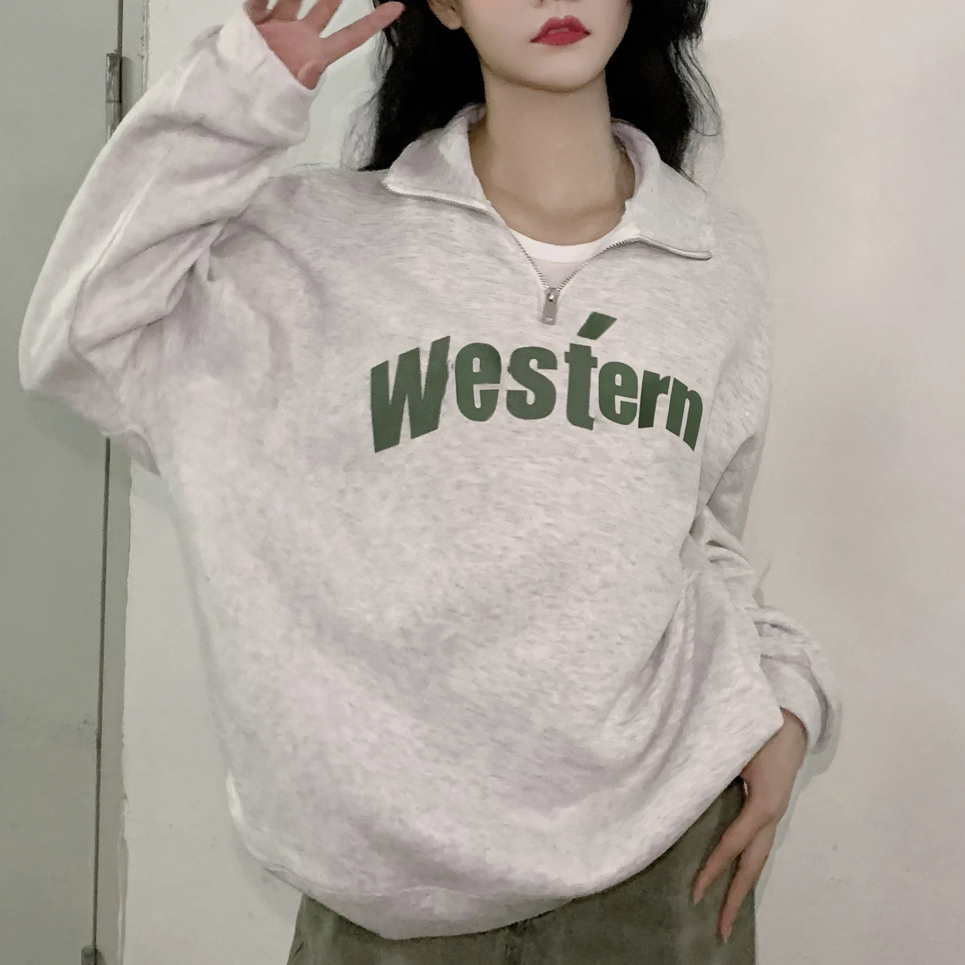 

Retro USA Campus Teen Wear Oversized Pullover Lapel Half Zipper Letter Print Sweatshirt Outwear Cotton Coat Hoodie for Women