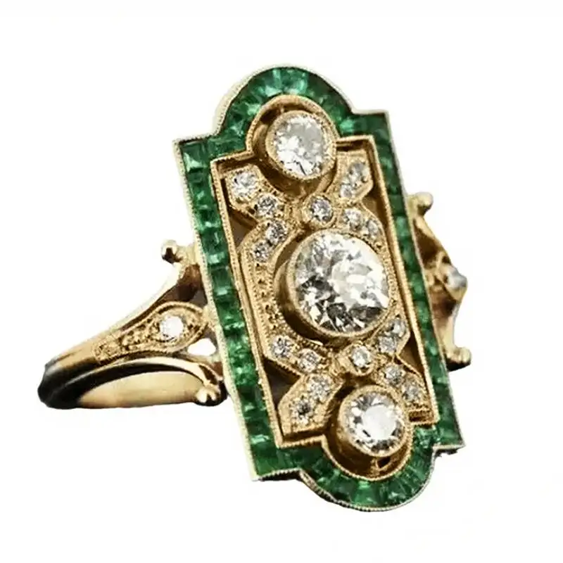 Huitan Vintage-Ring für Damen, einzigartiges Design, Party, Alltag, wunderschöne Accessoires, eingelegter heller weißer/grüner Zirkonia, schicker Schmuck