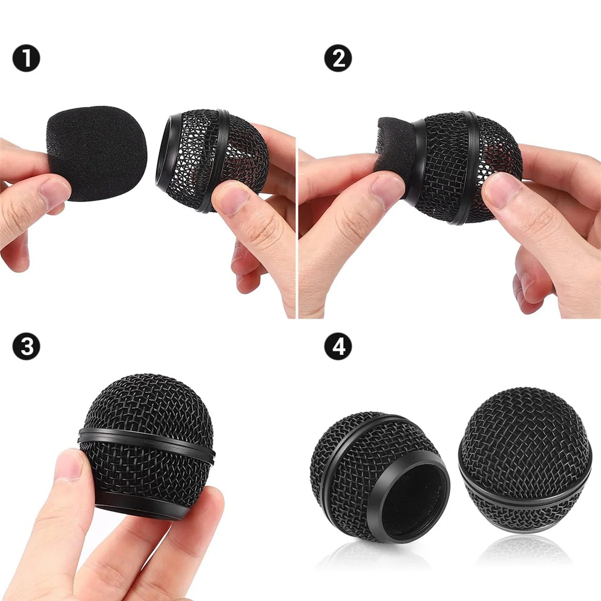 4 قطع بديلة لشبكة الميكروفون، رأس شواية ميكروفون شبكي للميكروفون اللاسلكي SM58 والميكروفونات السلكية، أسود