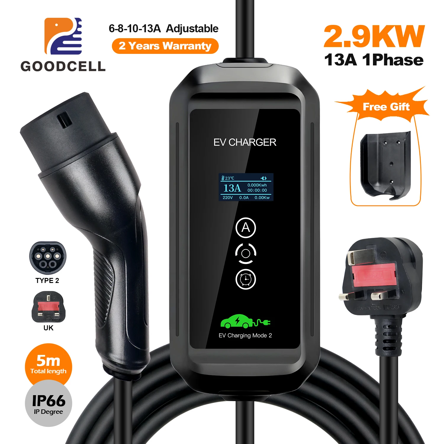 

GOODCELL UK plug Type2 EV Charger EVSE Car Home Charging Portable 6/8/10/13A Adjustable Use for Charge Plug IP 66