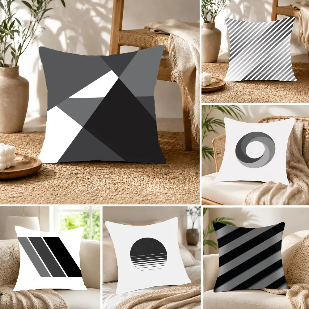 Sleek Minimalist B-Black And White Gray Geometric Cushion Cover Fluffy velvet Nordic style plush Living room sofa decorative