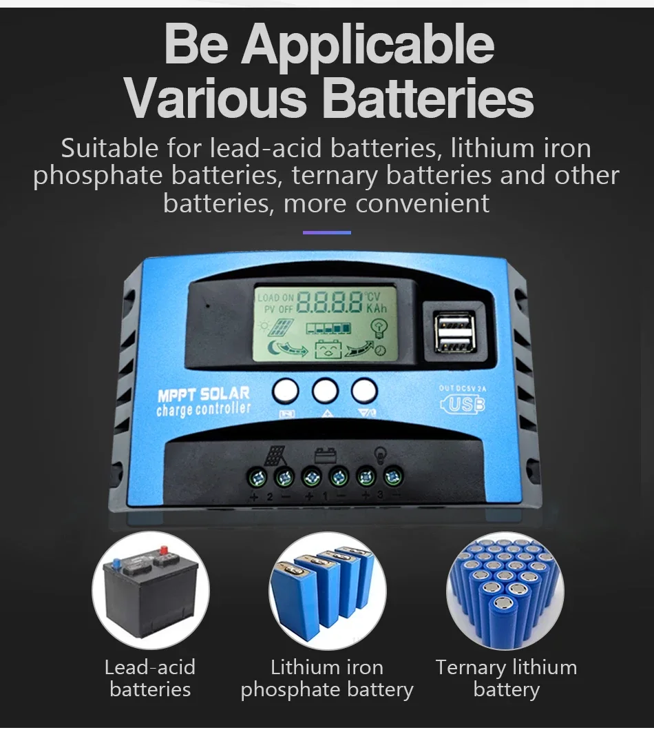

Solar Charge Controller MPPT 30A 50A 80A 100A LCD Display 12V 24V AUTO Dual USB Solar Charge And Discharge Controller