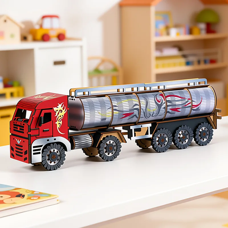 Wooden Tanker Truck 3D Puzzle, DIY Assembly Vehicle Model Kit, Oil Tank Truck Craft, Educational Toy&Desktop Decor Gift for Kids