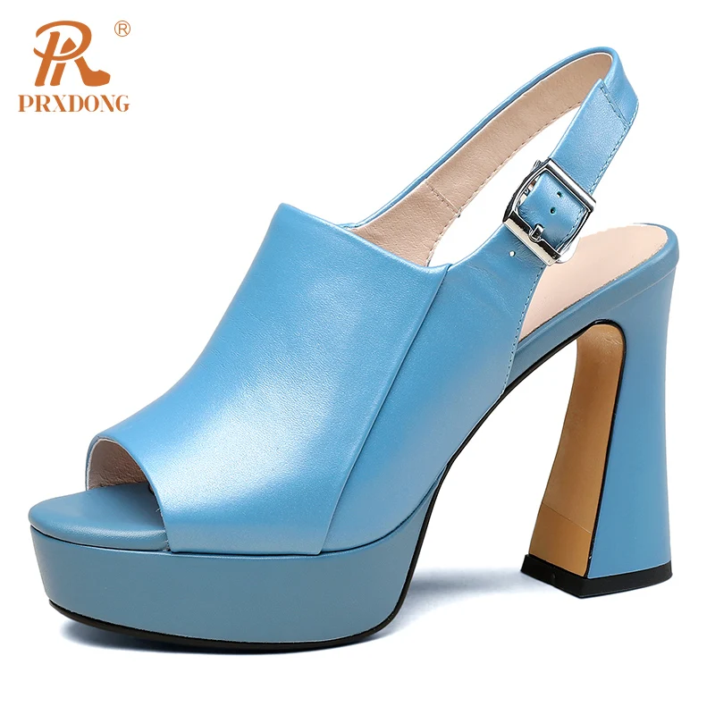 PRXDONG Women's Summer 2023 Woman Sandals Genuine Leather High Heels Peep Toe Blue Dress Party Female Pumps Summer Shoes 34-39