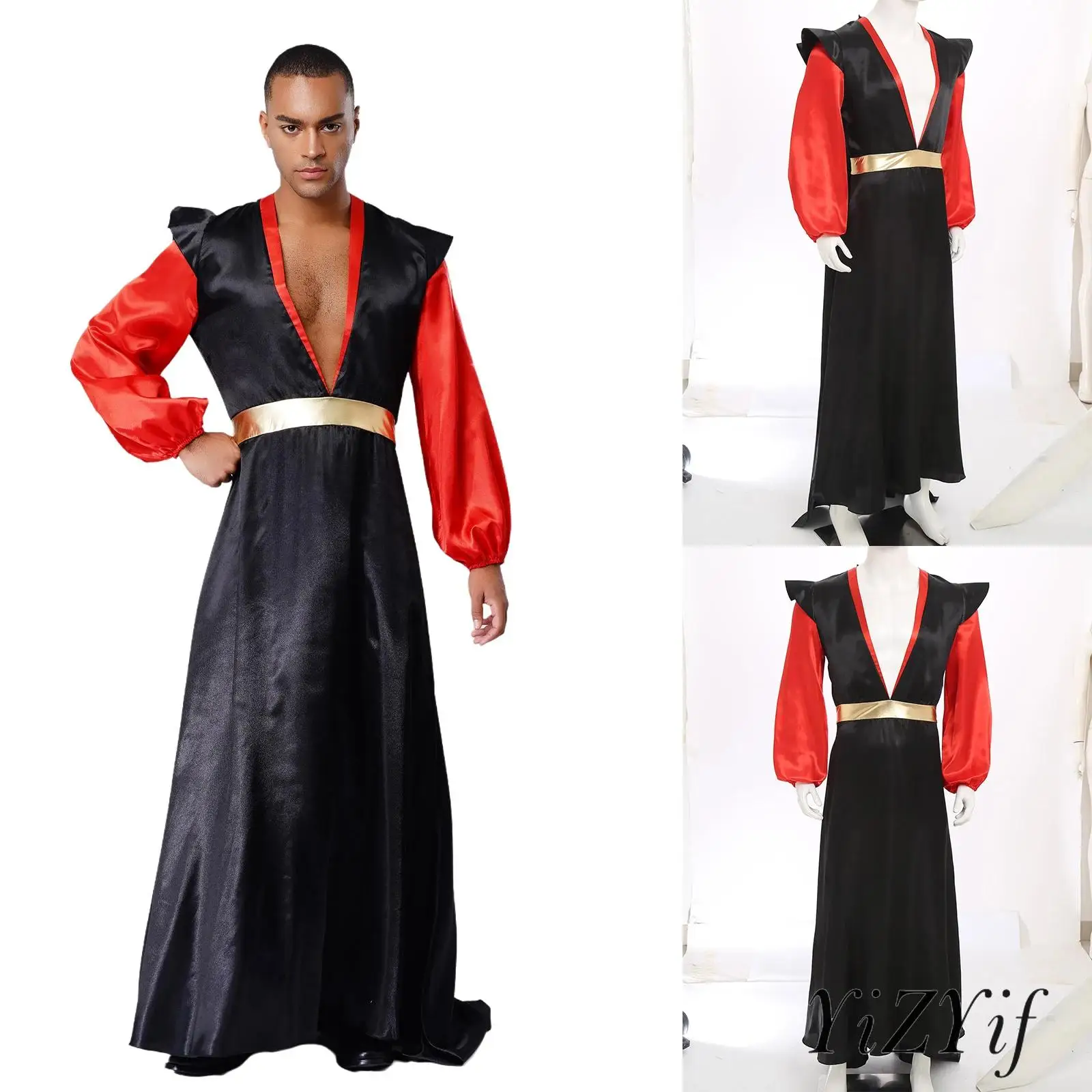 

Mens Halloween Arabian Gladiator Villain Outfit Long Lantern Sleeves Satin Robe with Contrast Color Cape for Theme Parties