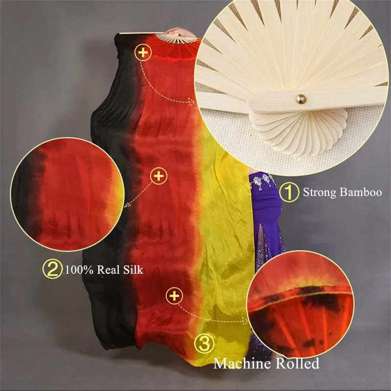 Fatto a mano in seta colorata bambù fiamma danza del ventre danza lunghi ventagli pieghevoli veli arcobaleno sfumato 120 cm 150 cm 180 cm professionale