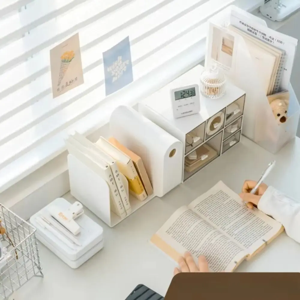 Simple Separation Plastic Bookend with Drawers Stationery Organizer Large Capacity Desktop Bookshelf Anti-slip Bottom Pull Out