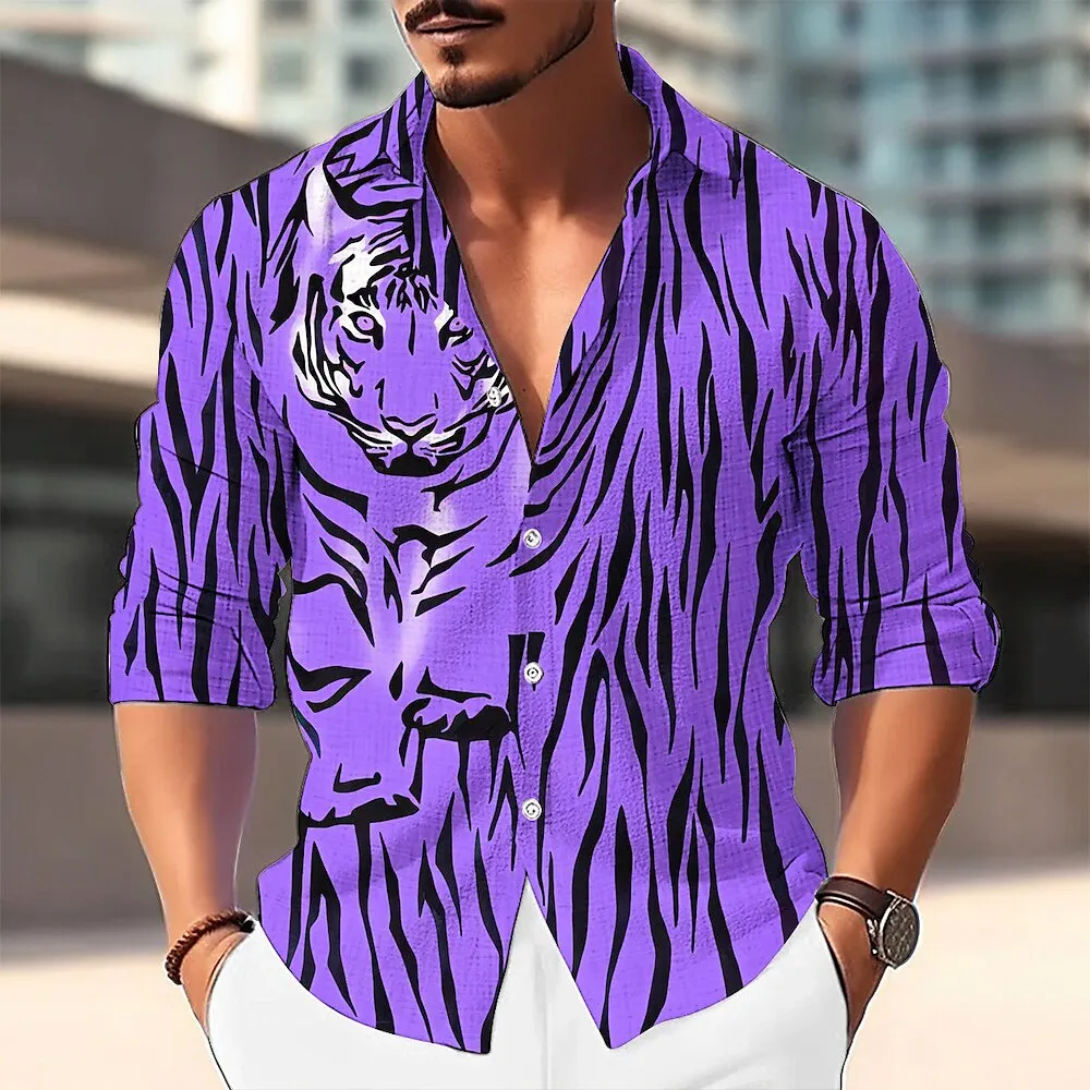 Men's Tiger Graphic Long Sleeve Shirt 3D Print Animal Pattern Lapel Button Shirts Fashion Cool Autumn Daily Casual Male Clothing