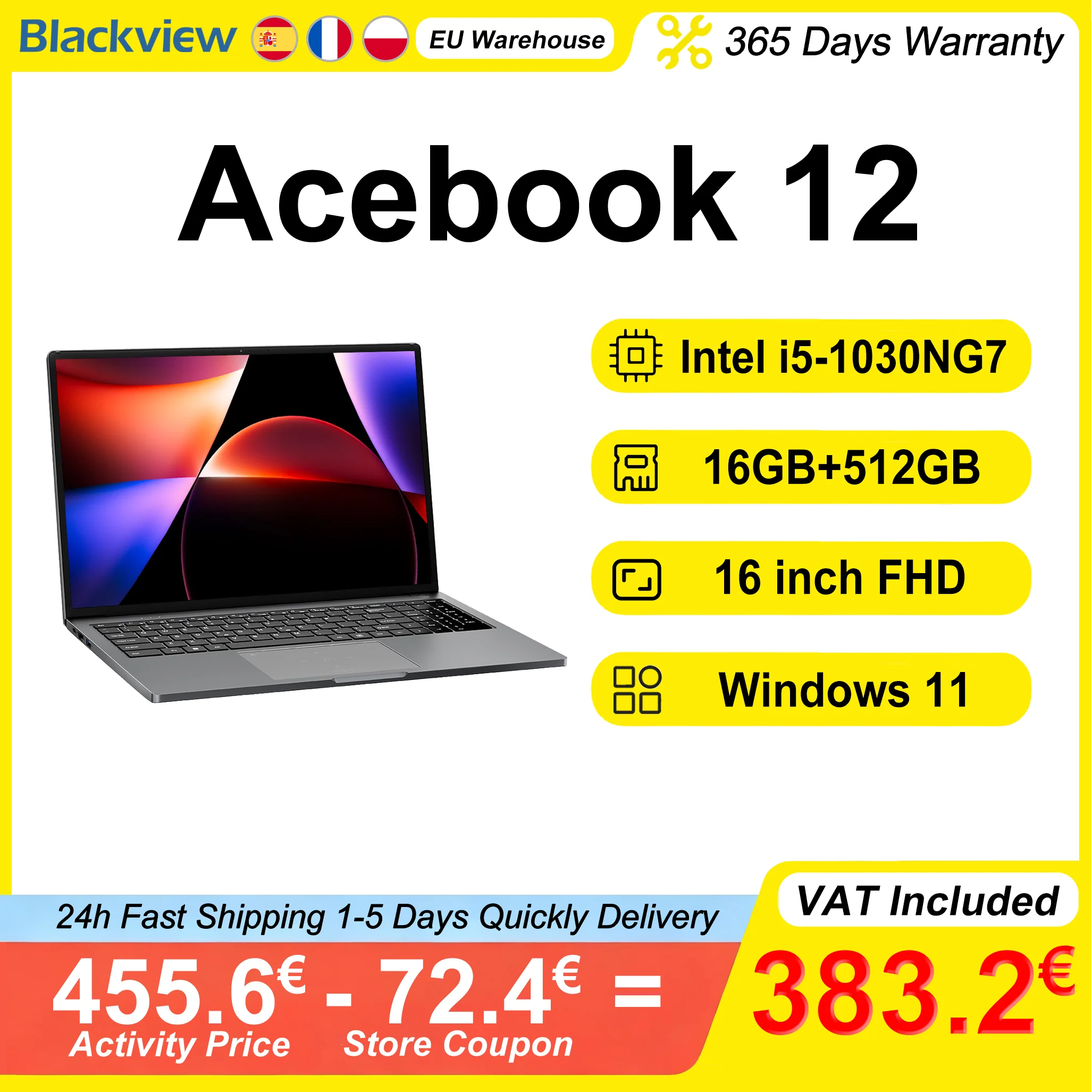 Blackview AceBook 12 Laptop 16 ''FHD IPS Intel I5-1030NG7 16GB RAM 512GB SSD 2-in-1 Vingerafdruk Aan/uit-knop Windows 11