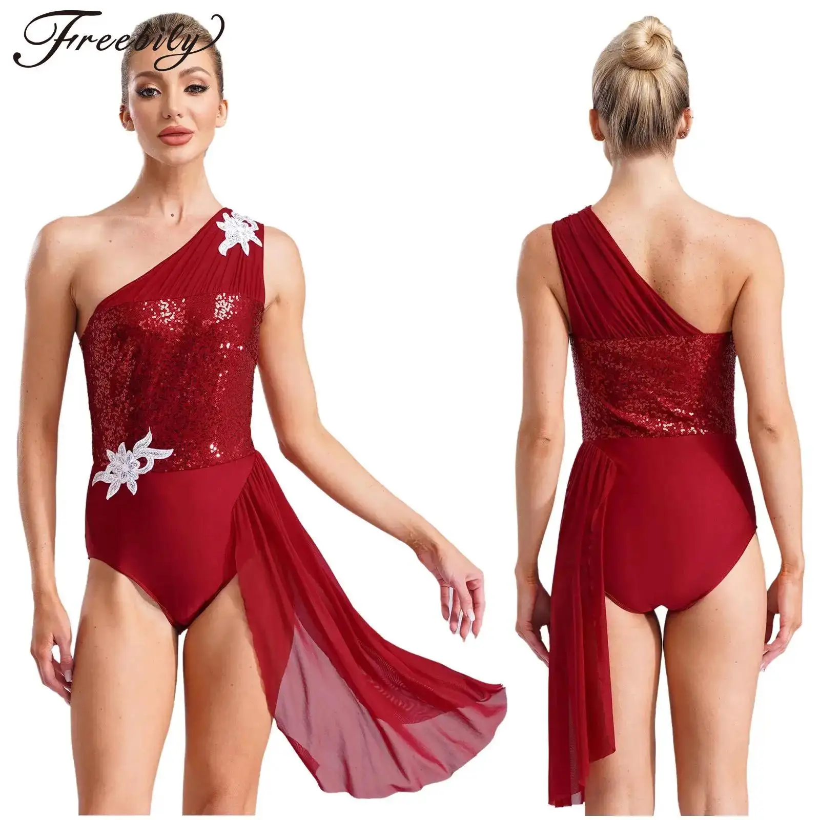 Women Figure Skating Bodysuit One Shoulder Sequins Applique Mesh Skirted Leotard for Lyrical Dance Ballet Gymnastics Acrobatics