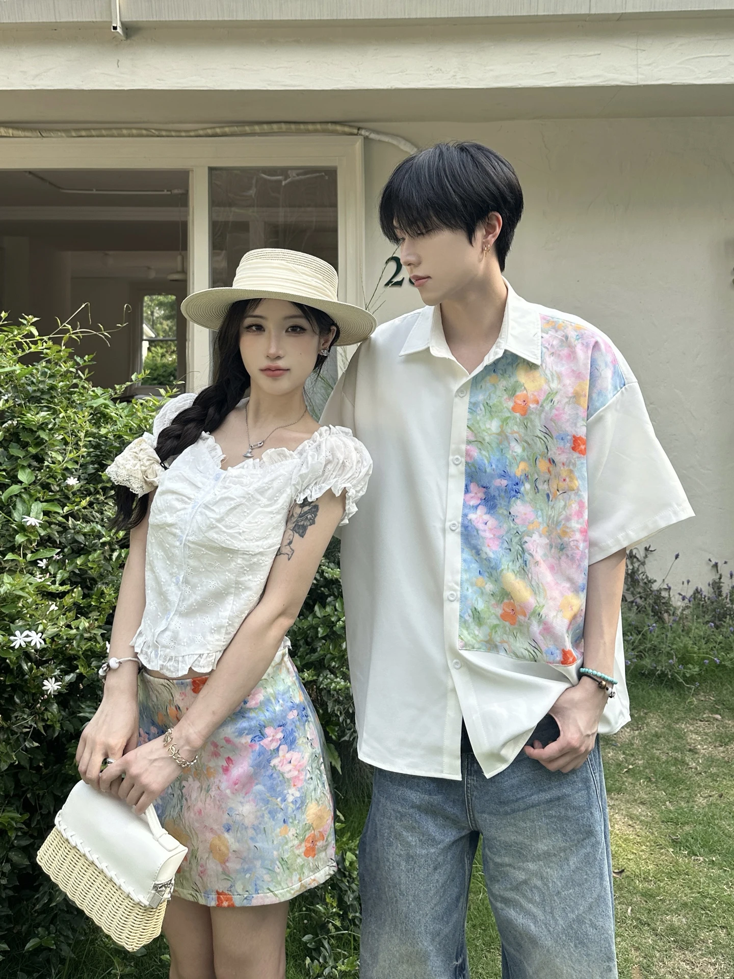 

Beach Vacation Style Short Sleeve Couple's Shirt Summer Hollow out Shoulder T-Shirt Short Skirt Set Casual Loose Fit Shirt