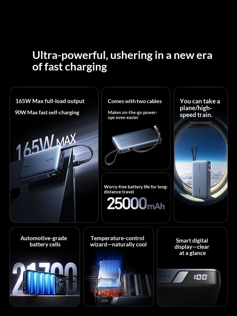 Hot Sales Ugreen 165W 25000Mah Fast Charging Power Bank With Data cable 3C Certified Portable External Battery For Travel Use