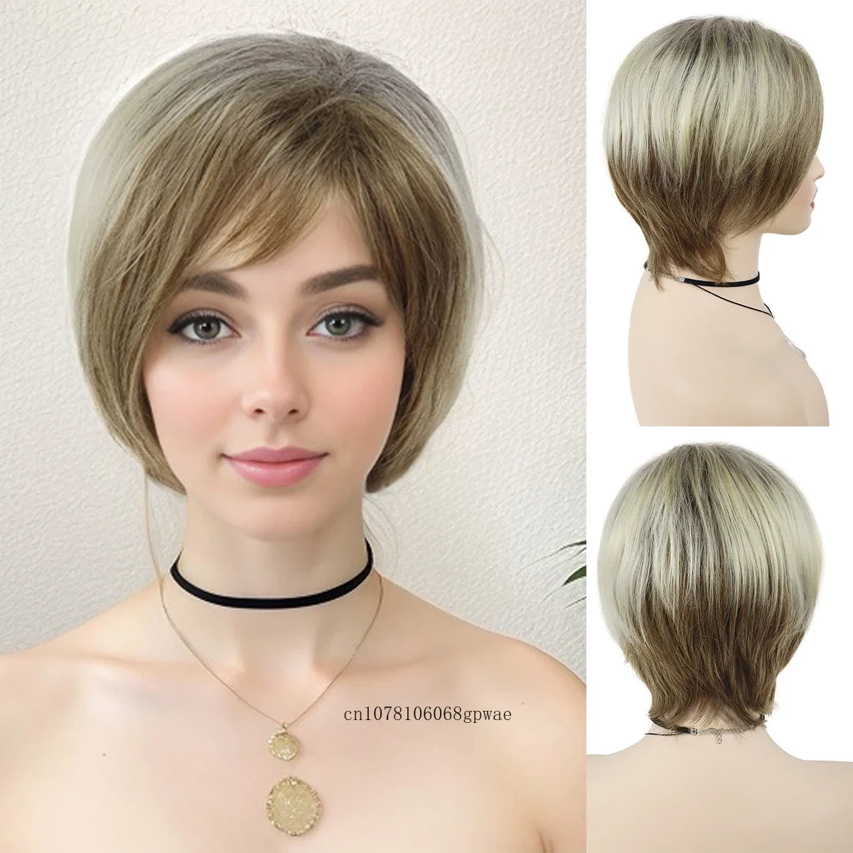 

Women‘s Bob Wig with Bangs Synthetic Hair Short Ombre Blonde Wigs Layered Pixie Cut Hairstyle Heat Resistant Daily Costume Party