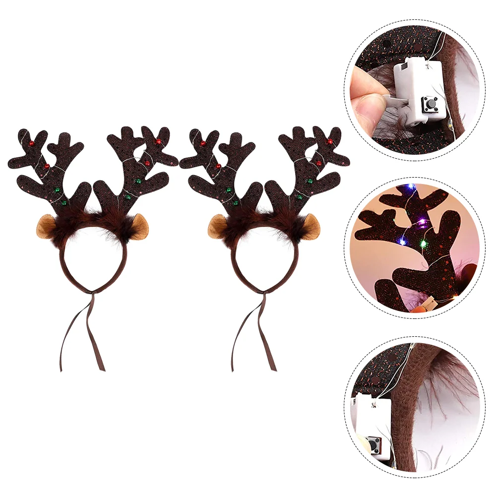 2 Pcs Pet Antler Headband Christmas Headpiece Cat Luminous Hair-hoops Santa Hat Headdress Brown