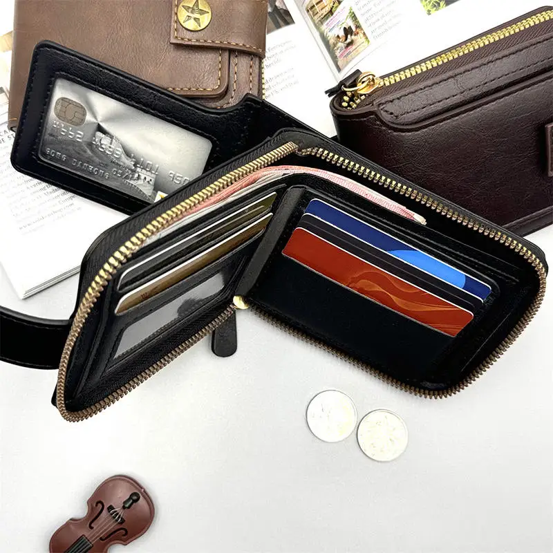 Vintage Men Wallet PU Leather Short Purse Men Hasp Zipper Clutch Solid Color Wallets High Quality Durable Convenient Wallets