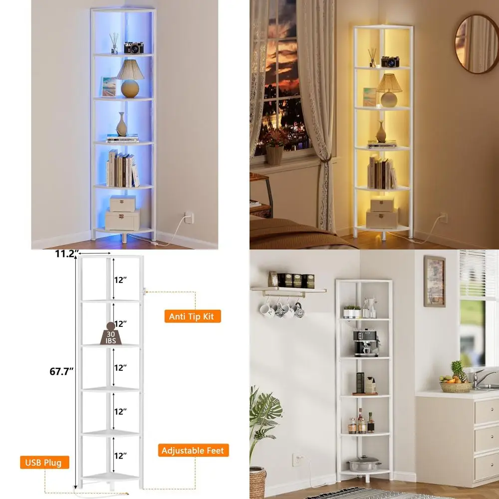 

67.5 White Corner Shelf with LED Light, 6-Tier Standing Organizer for Living Room and Bedroom, Metal and Wood Bookshelf