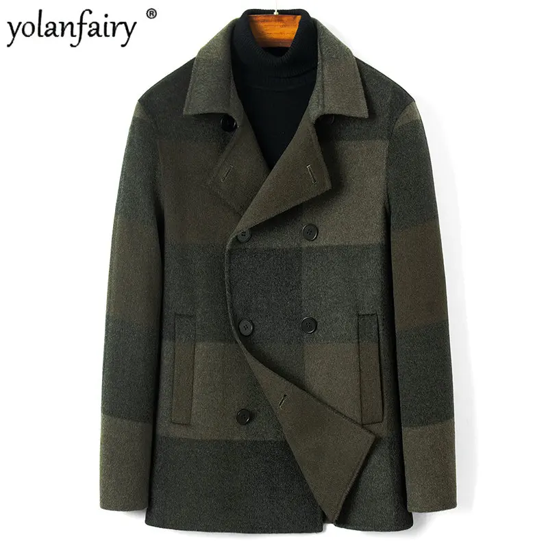 2023 Spring Autumn Winter 100% Wool Coat Men Fashion Plaid Double Breasted Short Double Faced Woolen Mens Coats Abrigos Hombre F