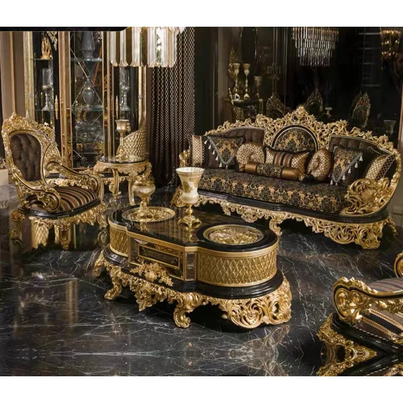 European Style Luxury Solid Wood Carved L-Shape 3 Seat Sofa Set French Style Gold Foil Fabric Commercial Use Living Room