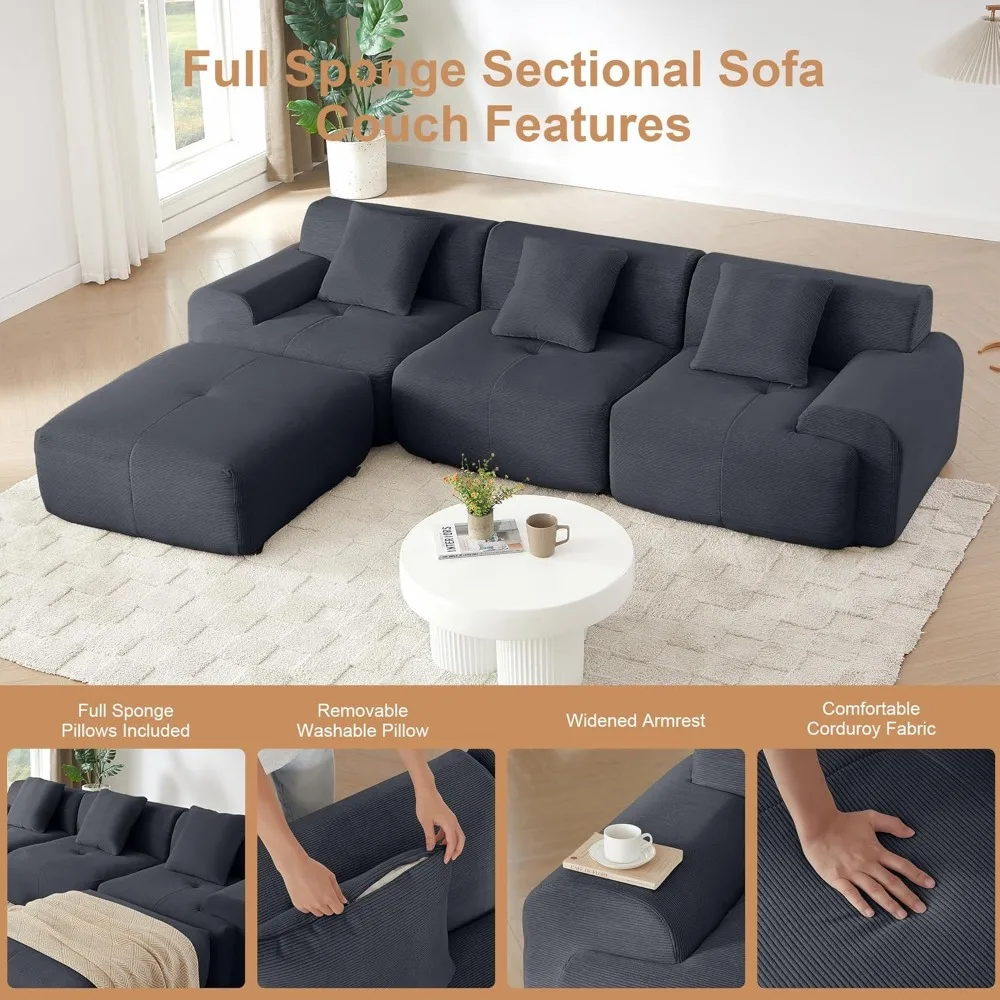 L-образный шезлонг, секционный диван с 4-местным сиденьем и подвижным пуфиком для удобного сидения в гостиной