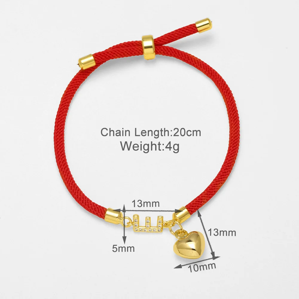 Armband mit rotem Seil, Zirkonia-Anhänger mit Initialen, vergoldeter Herzanhänger, verstellbares geflochtenes Seilarmband, Schmuckgeschenk – Detail 3