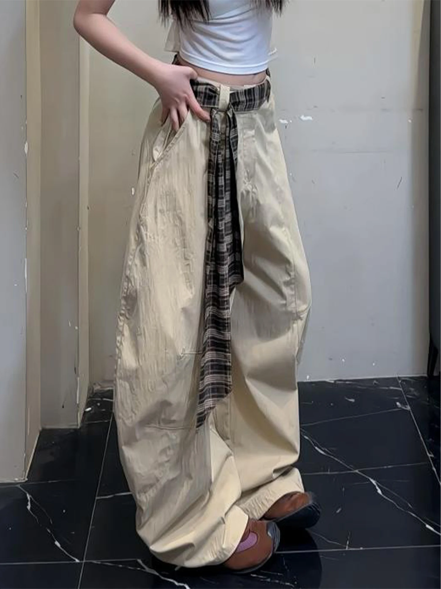 ผู้หญิงสีกากี Baggy ยาวกางเกงแฟนสไตล์กางเกง Harajuku ญี่ปุ่น 2000s สไตล์ Y2k Gyaru Vintage Oversize กางเกงเสื้อผ้า