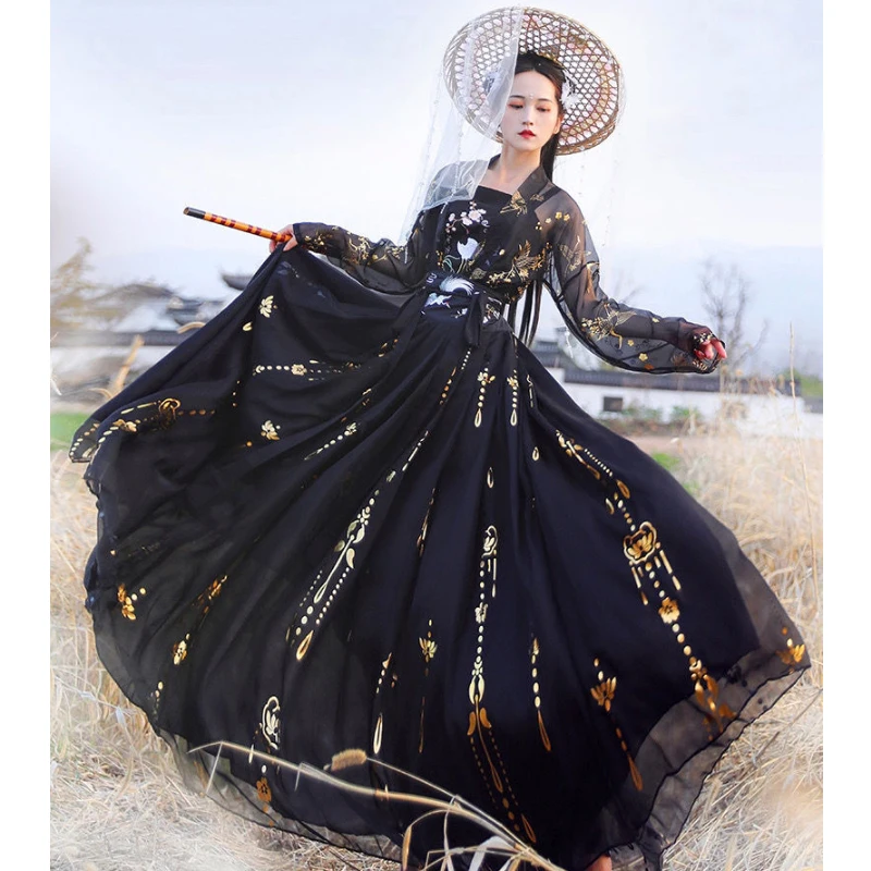 

Modern Ancient Hanfu Women Chinese Oriental Traditional Black Dress Fairy Kimonos Tang Dynasty Cosplay Classical Dance Costume