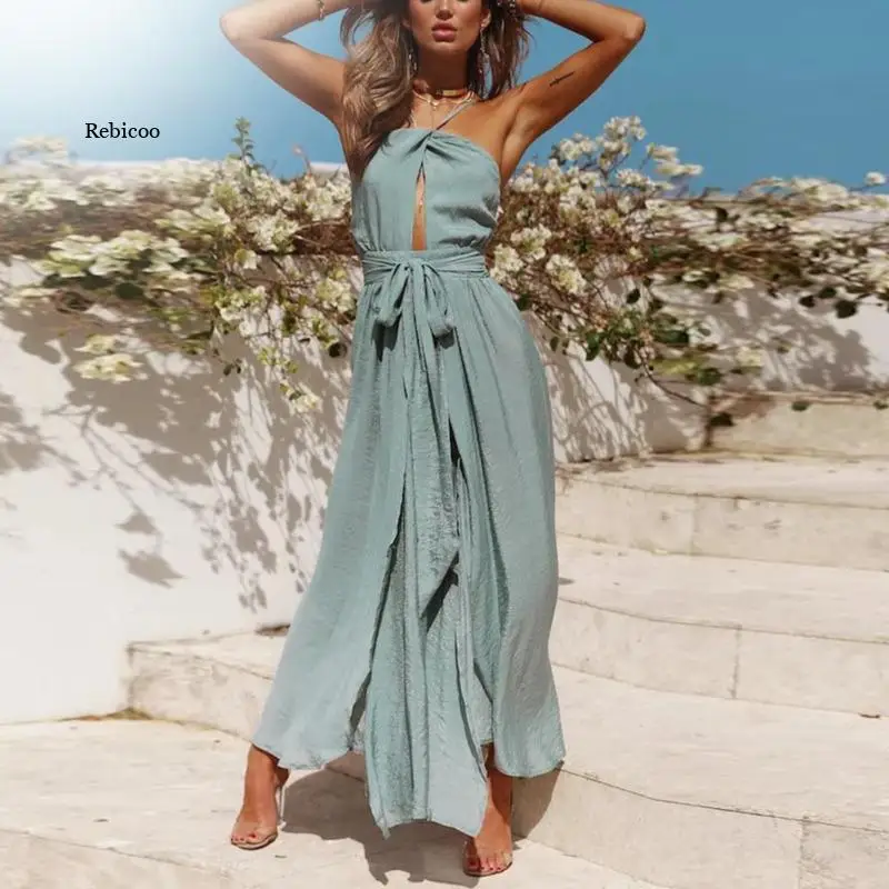 Nuove donne estate Boho Maxi abito lungo da sera abiti da spiaggia prendisole Backless Halter Dress Summer