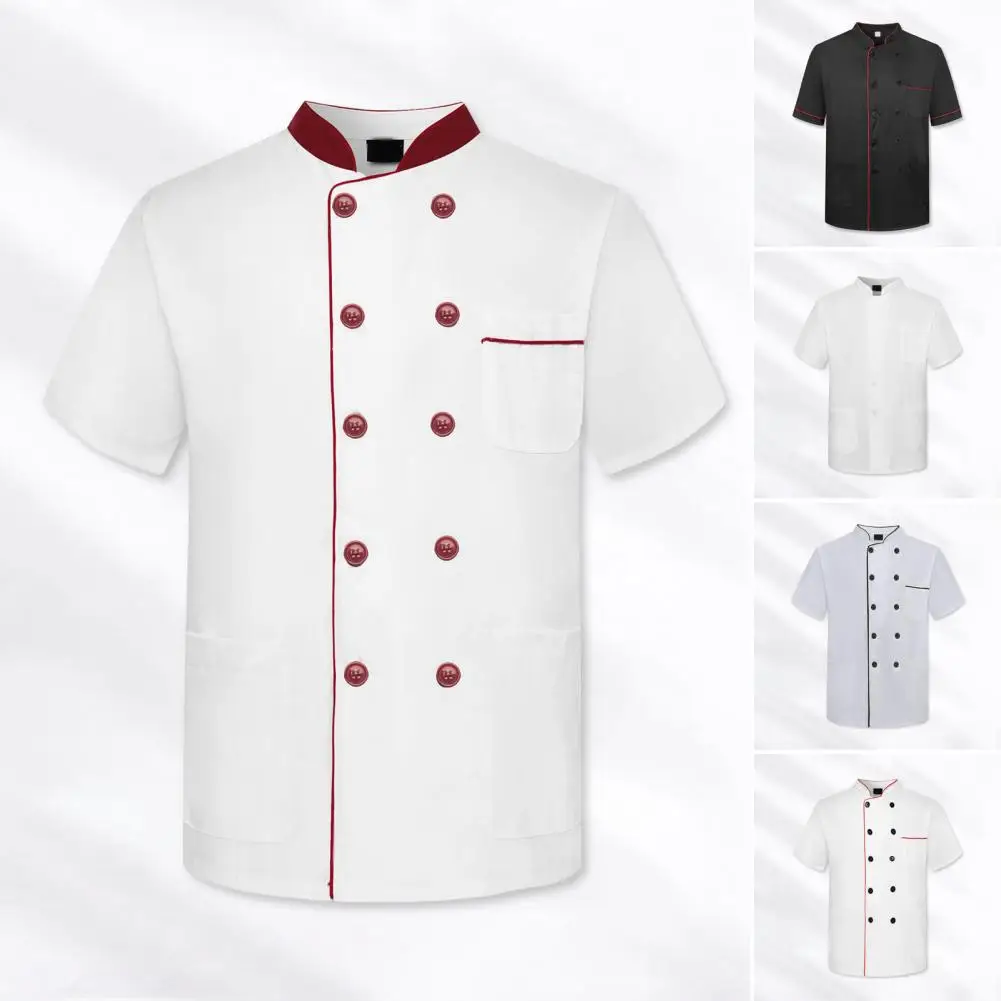 Uniforme de Chef profissional com gola alta para homens, unissex, mangas curtas, trespassado duplo, design para restaurante