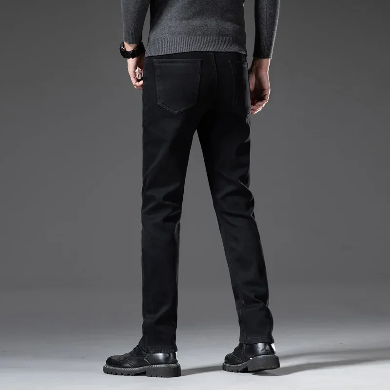 2024 الشتاء الصوف سميكة الدافئة الجينز الرجال ضئيلة مستقيم مطاطا الدنيم السراويل موضة غير رسمية السراويل الذكور نقية الأسود الرجال الملابس #4