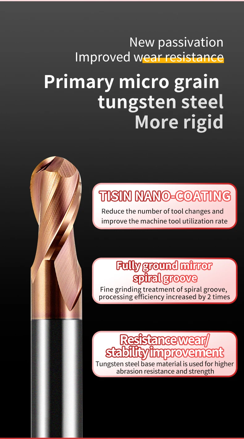 2-Schneiden-Wolframkarbid-Kugelkopffräser, HRC55 CNC-Schneidwerkzeug, 0,5-4 mm Durchmesser, Hartmetall-Kugelkopf mit verlängertem Schaft – Detail 6