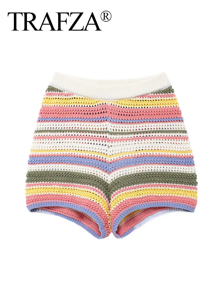 TRAFZA 2024 Woman Summer Knitted Elastic Waist Slim Casual Shorts Women Multicolor Stripe High Waist Chic Shorts Streetwear