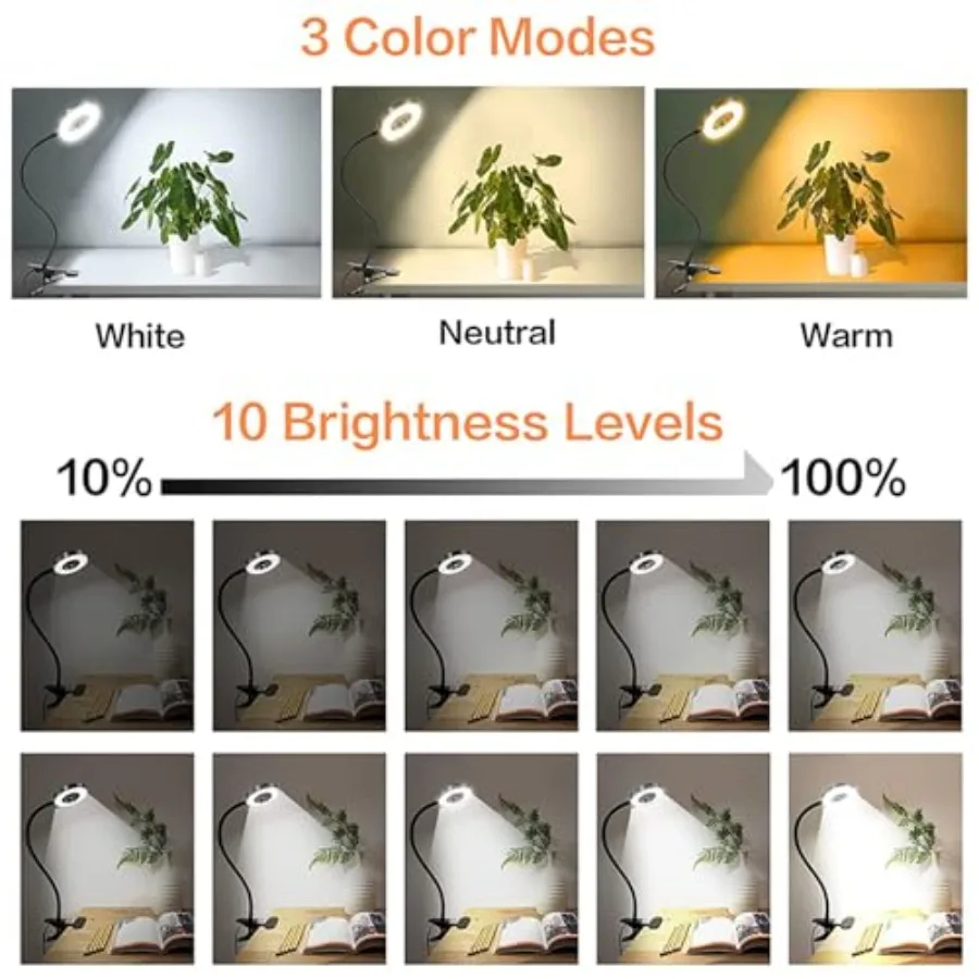 Clip on Light LED Reading Book Study Lamp 3 Color Modes 10 Brightness Eye Protection 360° Flexible Gooseneck Student Dormitory