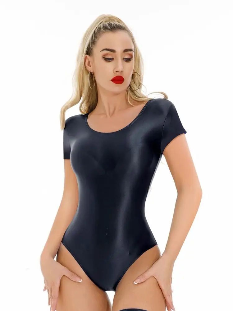 Neuer Kurzarm-Glanz-Bodysuit, hochgeschnittener Badeanzug, elastische, sexy Body-Teddies, transparente Bademode, Leotard, Unitard