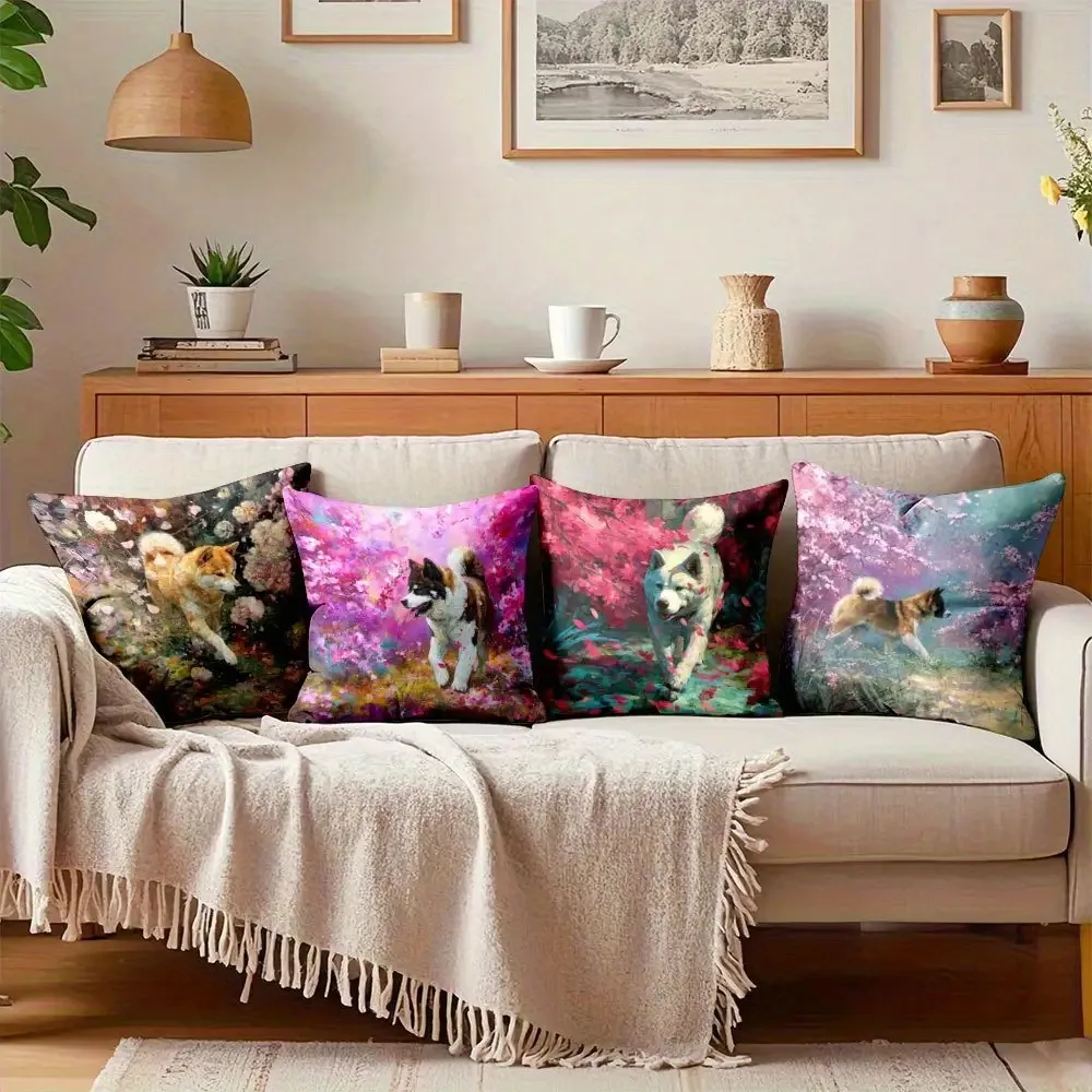 Akita Inu dog with floral pattern printing pillow cover Short plush Suitable living rooms bedrooms sofas throw cushion cover