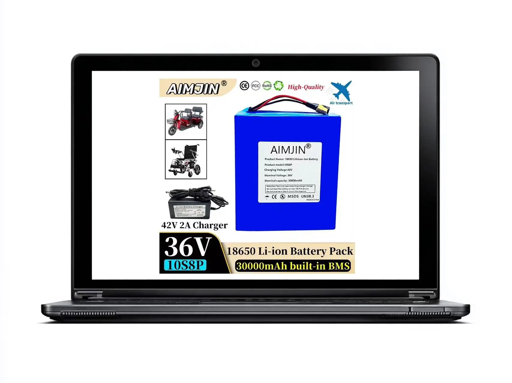 

Li-ion 36V 30Ah 18650 10S8P A-class battery pack, 1500W high-power built-in BMS, suitable for various energy storage backup