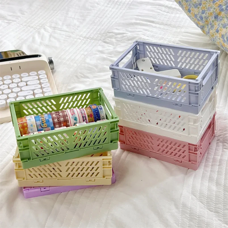 4 Color Organizing Storage Baskets Case Folding Student Desktop Basket Tape Stationery Plastic Foldable Container Storage Box