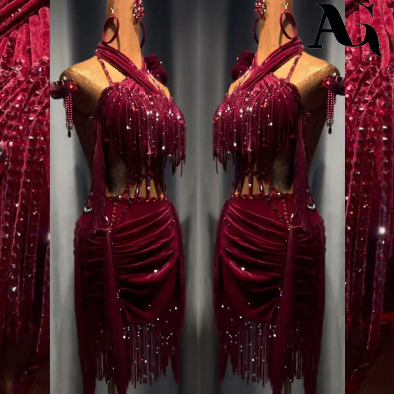 

Latin Dance Costume AB Stone Female Adult Children High end Customized Wine Red Velvet Dress Black Pool Samba Dress