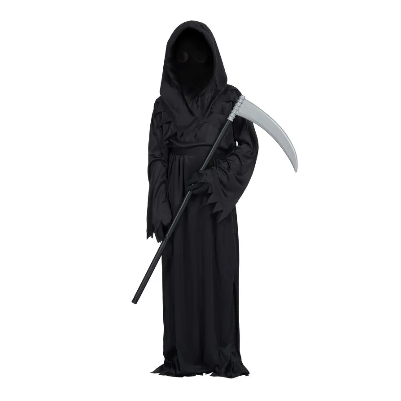 Halloween Grim Reaper Horror Costume Black Hooded Spooky Ghost Robe Dress Up Costume Adult Cosplay Mask Scythe Prop Party