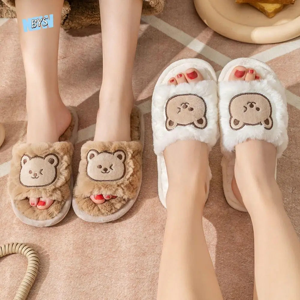 

Warm Fuzzy Plush Bear Slippers Cartoon Comfortable Casual Slippers Winter Non-Slip Grid Flat Plush Shoes Indoor