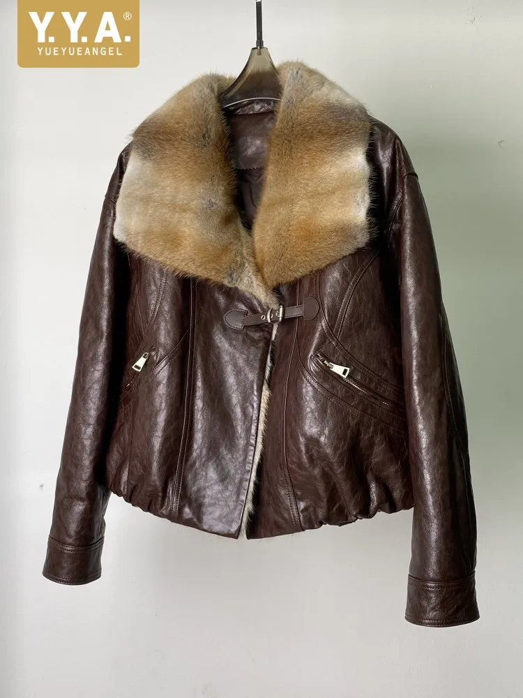 Luxury Mink Fur Collar Goose Down Women Jacket Real Sheepskin Warm Short Coat Fashion Button Loose Fit Winter Party Outerwear
