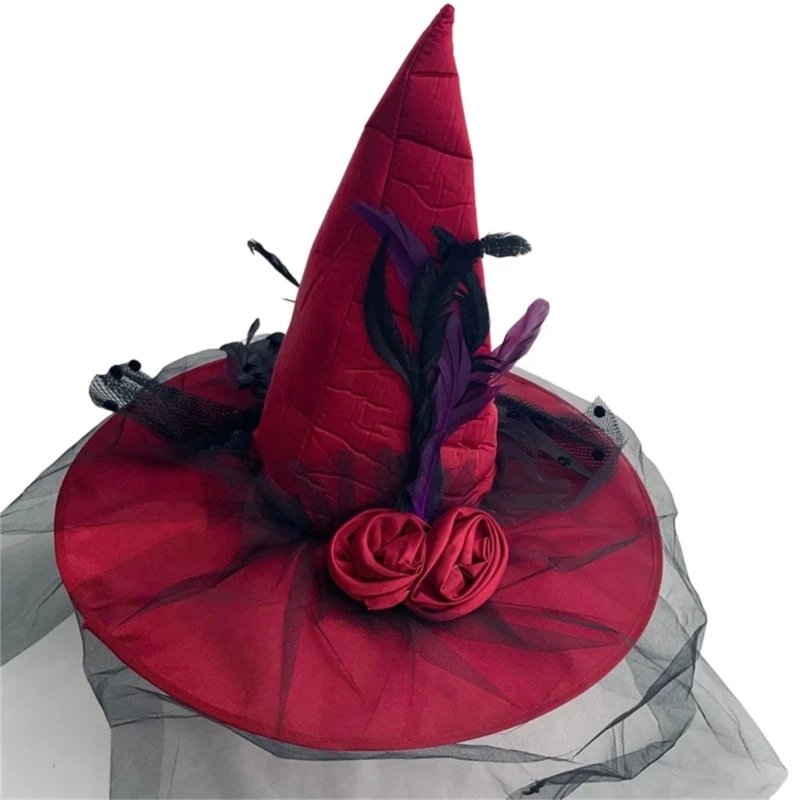 Veil Tulle Witch Hat Halloween Costume Accessory for Halloween Party Rose Sheer Headwear for Masquerade