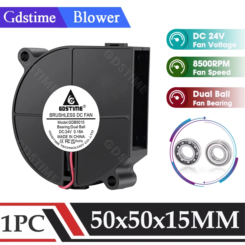 Gdstime 5015 Dmuchawa 24V Wentylator 50x50x15MM Promieniowa dmuchawa turbo 50MM Podwójna kula 8500RPM Szybka chłodnica do chłodzenia części drukarek 3D