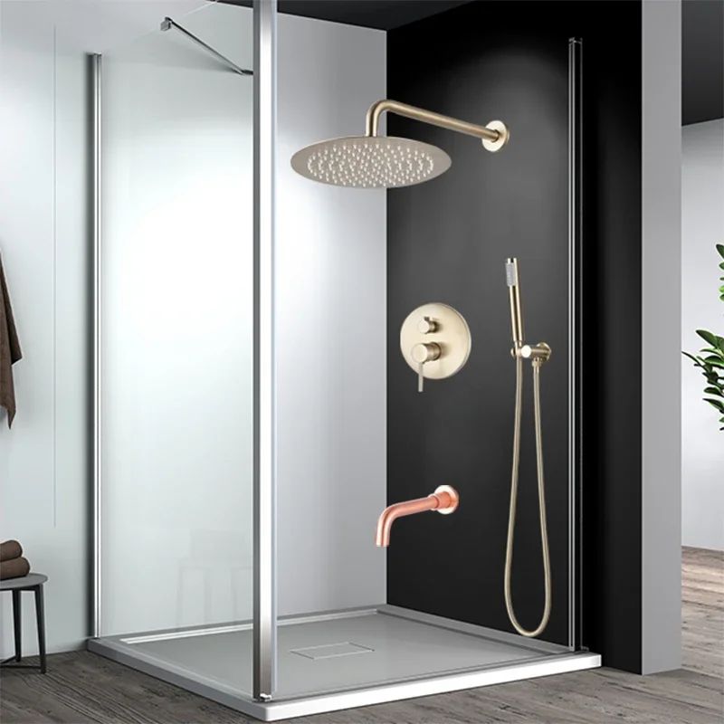 Brushed Gold Shower Faucet Set Round Brass Bathroom Wall Mount Rotate Tub Spout  Rainfall Head 3 Ways Mixer Tap