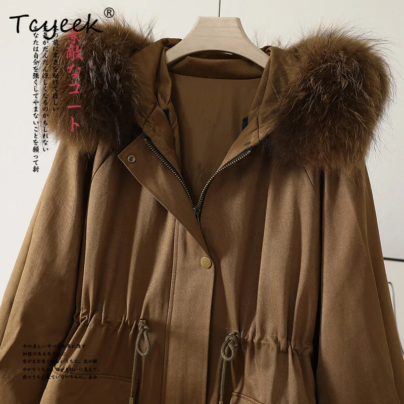 Tcyeek automne hiver détachable col de fourrure de raton laveur loutre fourrure de lapin à capuche couleur Caramel longue femmes Parka manteau de fourrure Veste Femme