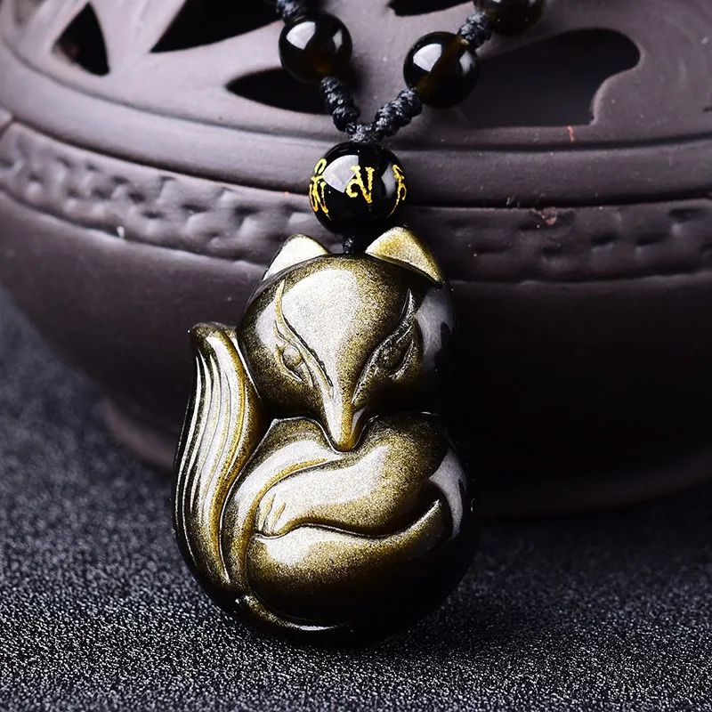 

Natural Golden Obsidian Hand-carved Nine-tailed Fox Pendant Fashion Boutique Jewelry Men and Women Fox Necklace Gift