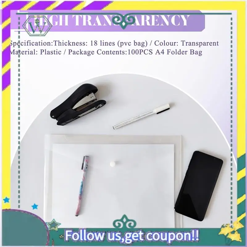 Bolsa de carpetas A4 de A28Q-100PCS, archivador de plástico transparente resistente al agua, papel de archivo, suministros de oficina, protectores de documentos